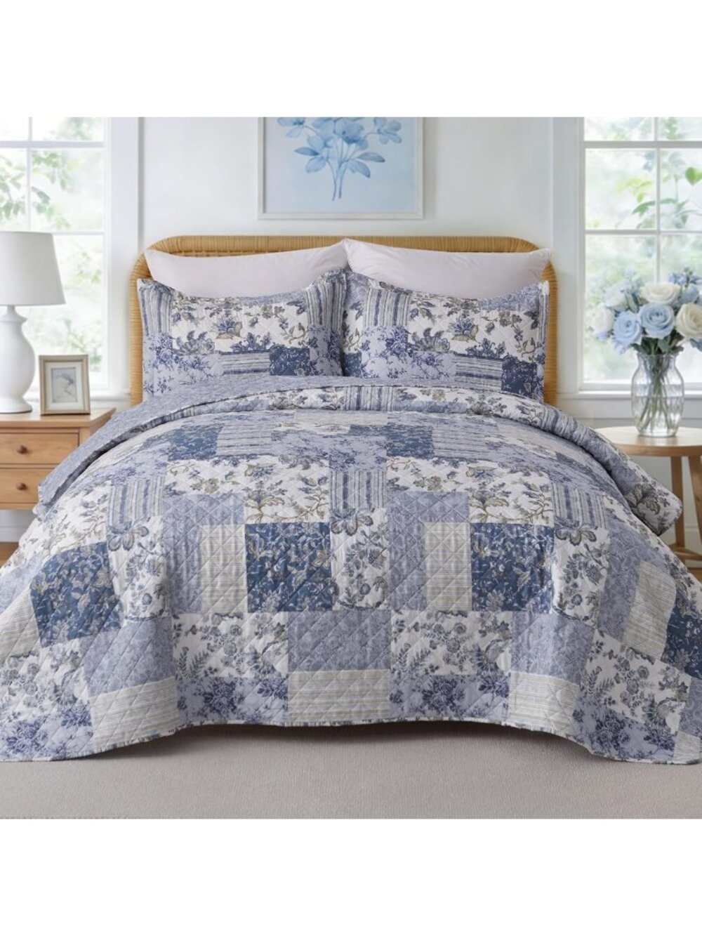 Reversible Blue & White Floral XL Queen Quilt Set, 90" × 96", Cozy Bedding